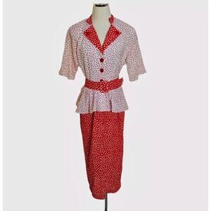 Vintage Belted Peplum Dress Size 13/14 Red White Dotted Floral Retro 50s Look